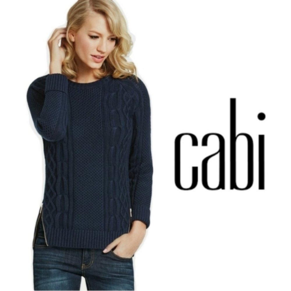 CAbi Style 899 Navy Double Zipper Cable Knit Sweater Size Small